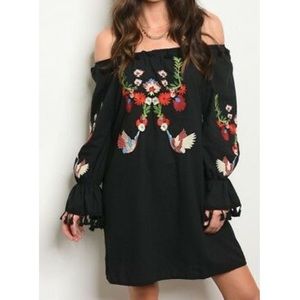 Boho Inspired Floral Embroidered Off the Shoulder Babydoll Dress